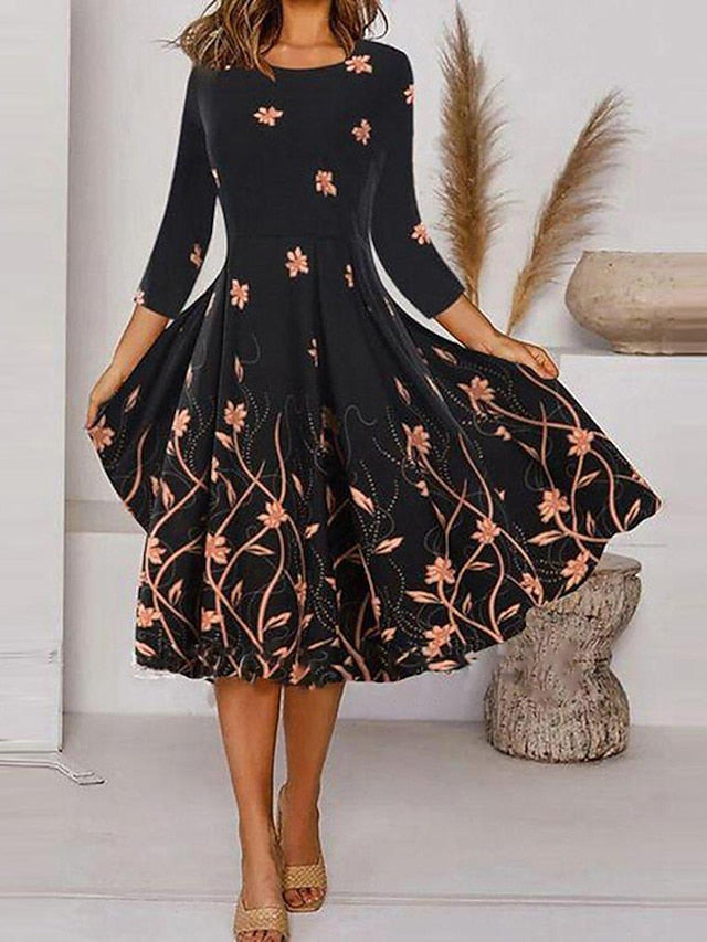 Women's Dress - Casual Dress Swing Dress Midi Dress Gold Pink White 3/4 Length Sleeve Floral Patchwork Winter Fall Spring Crew Neck Fashion Winter Dress Daily Vacation Loose Fit 2023 S M L XL XXL 3XL