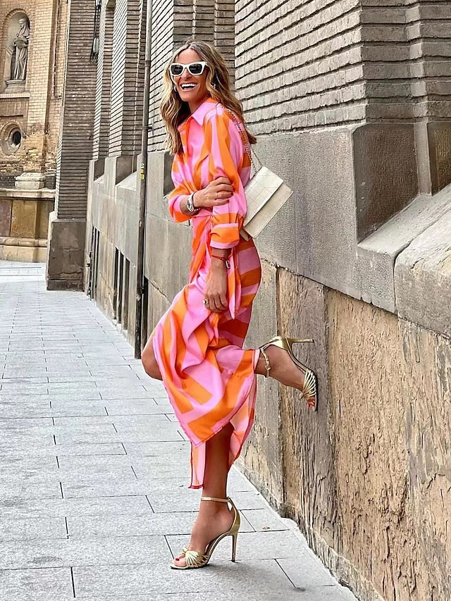Women's Dress - Shirt Dress Bodycon Wrap Dress Maxi long Dress Outdoor Daily Polyester Fashion Boho Shirt Collar Ruched Split Long Sleeve Summer Fall Spring 2023 Regular Fit Purple Orange Green