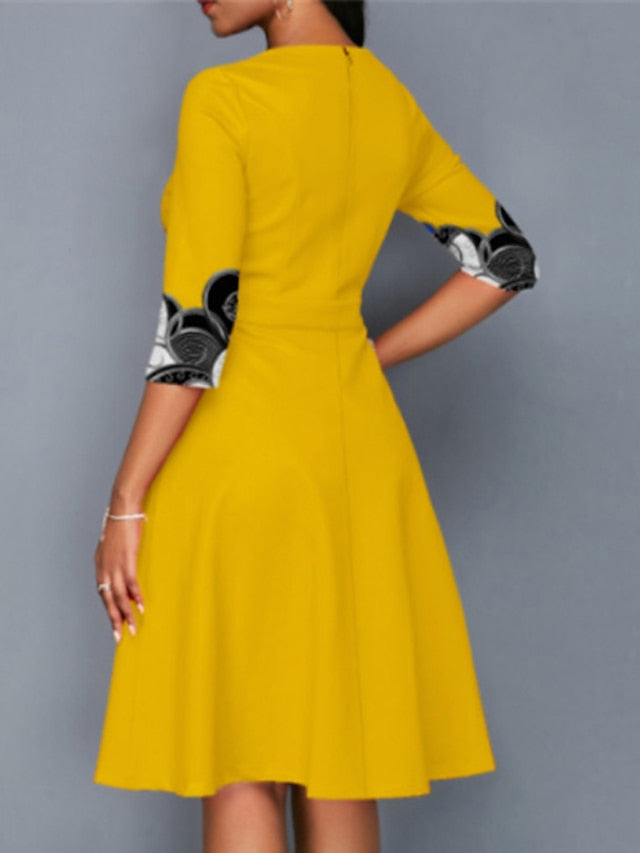 Women's Dress - Casual Dress Church Dress Midi Dress Black Yellow Pink Long Sleeve Print Print Winter Autumn Crew Neck Stylish Winter Dress Fall Dress 2023 S M L XL XXL 3XL 4XL 5XL
