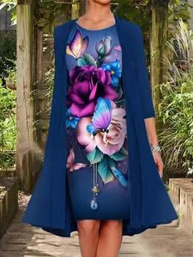 Women's Dress - Two Piece Dress Set Shift Dress Chiffon Dress Daily Going out Casual Print Midi Dress Crew Neck 3/4 Length Sleeve Floral Regular Fit Navy Blue Light Purple Purple Summer Spring M L XL XXL XXXL