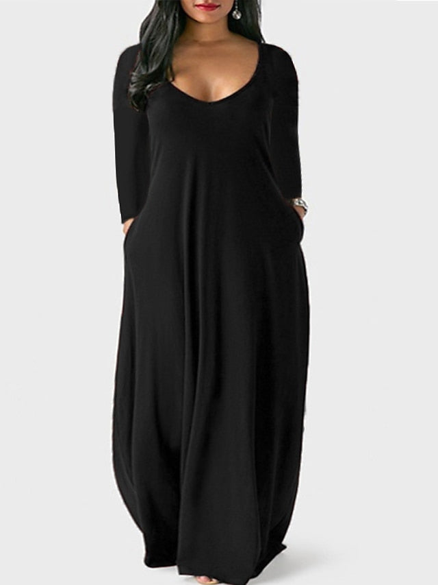 Women's Dress - Plus Size Shift Dress Solid Color Boat Neck Long Sleeve Spring Fall Basic Casual Maxi long Dress Daily Vacation Dress