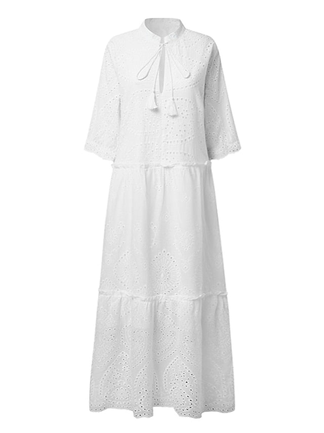 Women's Dress - Long Dress Maxi Dress White Dress Casual Dress Eyelet Half Sleeve Pure Color Hollow Out Daily Vacation Spring Summer Dress V Neck 2023 S M L XL