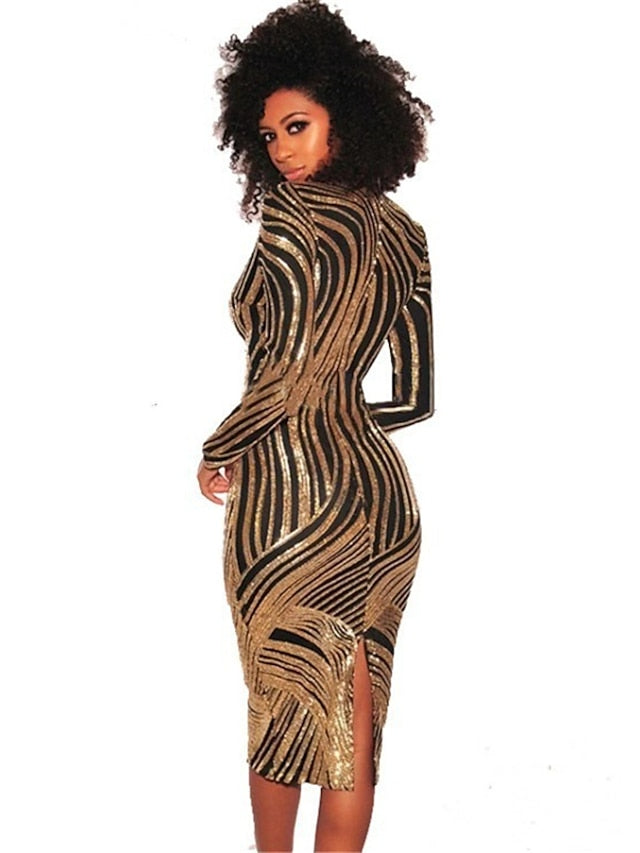 Women's Dress - Party Dress Sequin Dress Sheath Dress Knee Length Dress Gold Long Sleeve Striped Sequins Winter Fall Spring Deep V Sexy Party Winter Dress Wedding Guest 2023 S M L XL