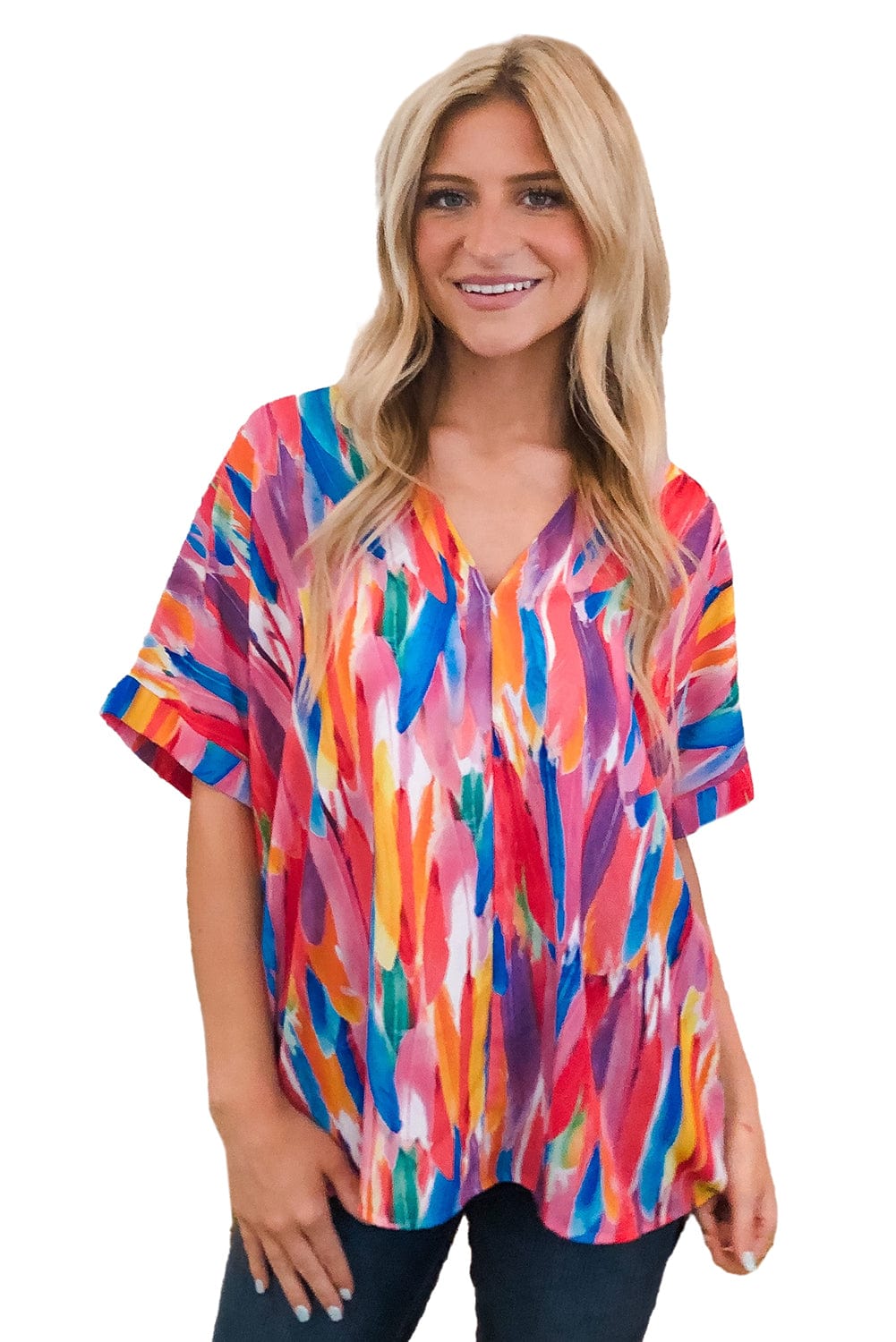 Whimsical Watercolor Feather Print V Neck Blouse