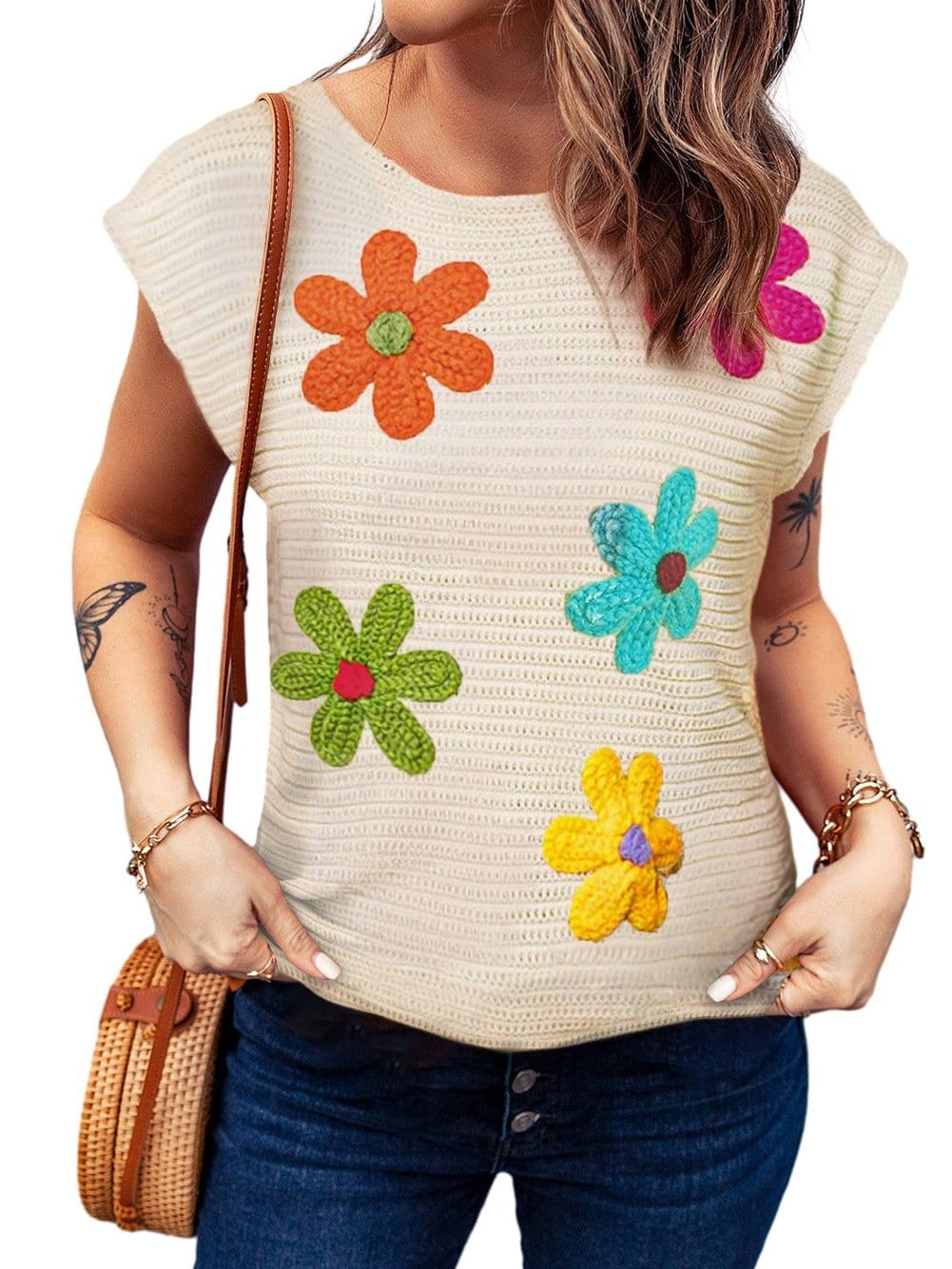 White Floral Crochet Sleeveless Knit Top with Round Neck