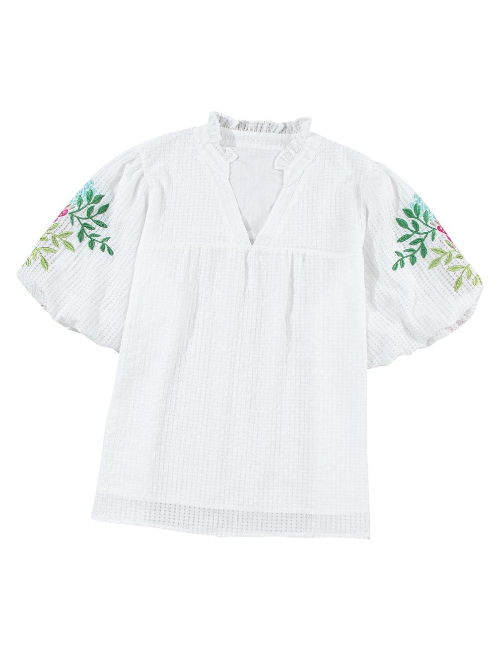 White Floral Embroidered Puff Sleeve V-Neck Mesh Detail Blouse