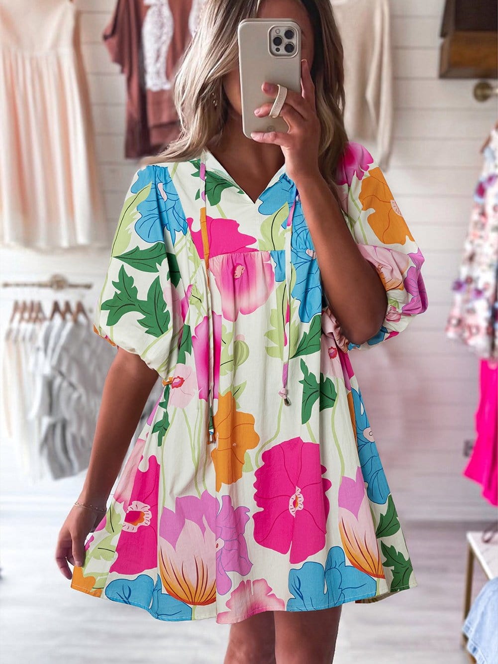 White Floral Print V-Neck Babydoll Mini Dress