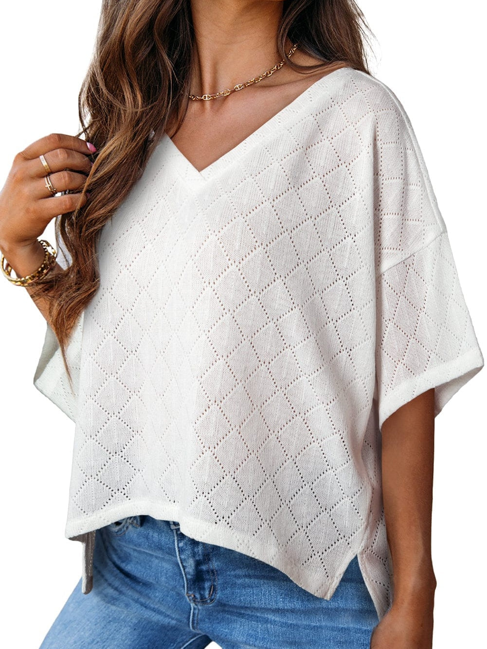 White Flowy Knit V Neck Blouse