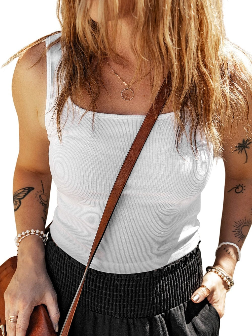 White Ribbed Square Neck Crop Top for Summer Fashion