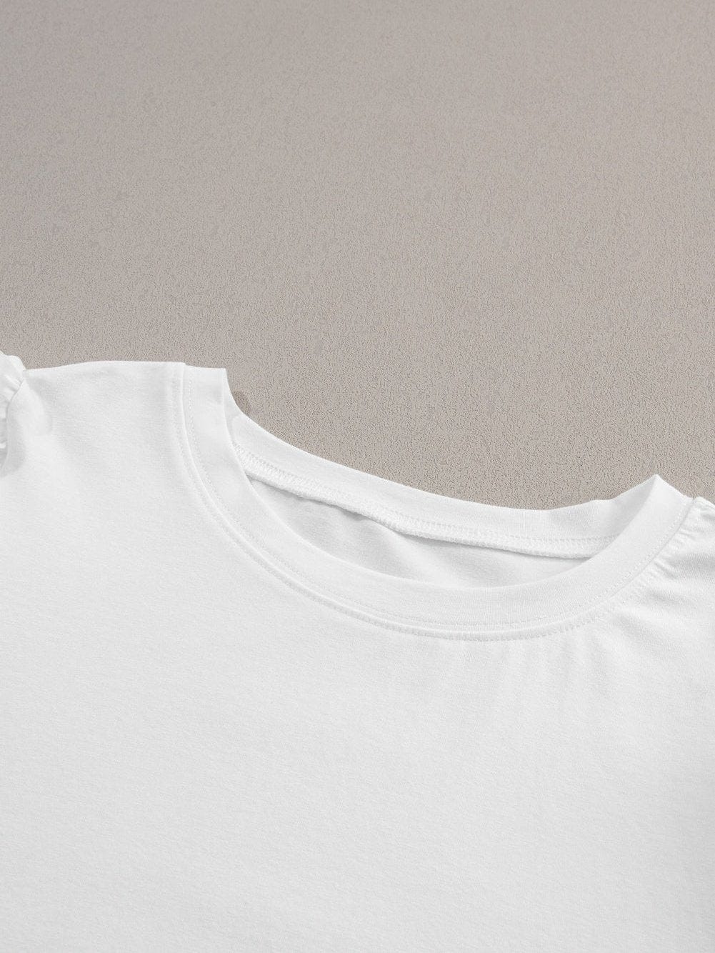 White Ruched Puff Sleeve Round Neck T-Shirt