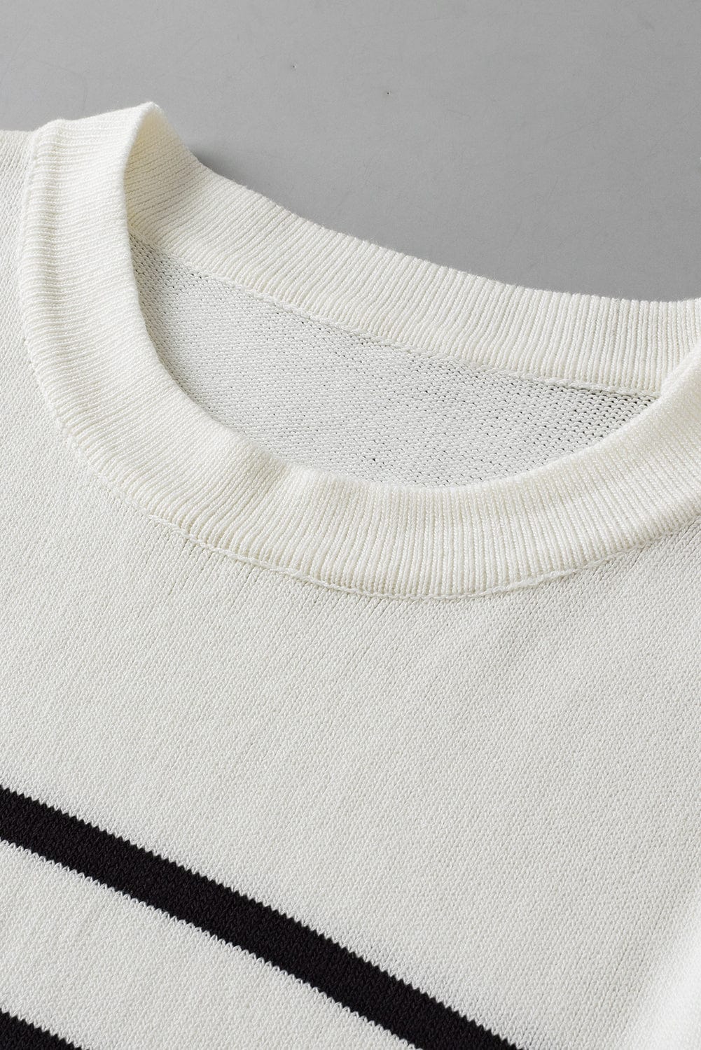 White Striped Knit Tee with Half Sleeves