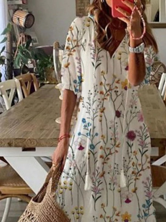 Women's Dress - Casual Dress Long Dress Maxi Dress White Short Sleeve Floral Ruched Summer Spring V Neck Stylish 2023 S M L XL 2XL 3XL