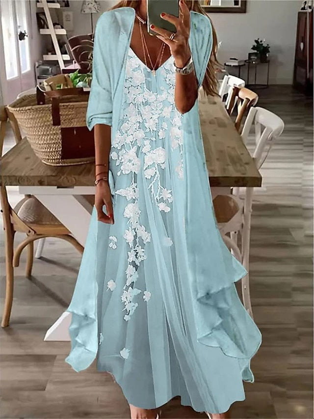 Women's Dress - Casual Dress Dress Set Two Piece Dress Long Dress Maxi Dress Light Green Pink Purple Long Sleeve Flower Print Summer Spring V Neck Fashion Loose Fit 2023 S M L XL XXL 3XL