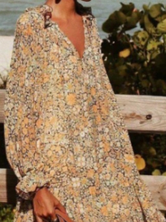 Women's Dress - Casual Dress Swing Dress Long Dress Maxi Dress Boho Dress Khaki Long Sleeve Floral Print Spring Summer Dress V Neck Dress Loose Fit S M L XL XXL 3XL