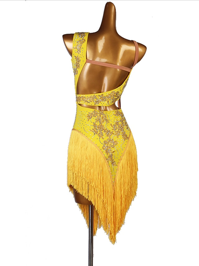 Latin Dance Dress Tassel Split Joint Crystals / Competition Dress Rhinestones Women's Performance Sleeveless Chinlon - LuckyFash™