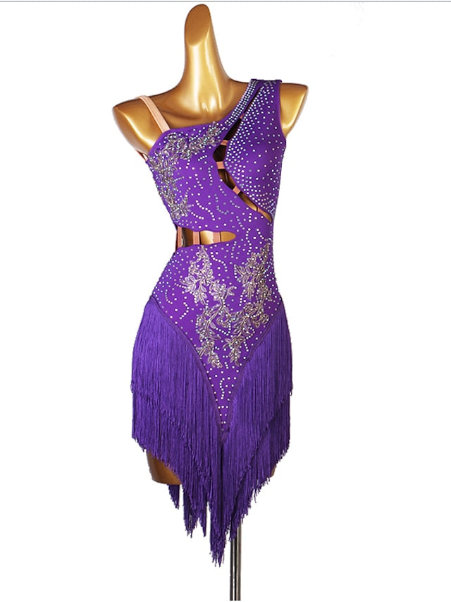 Latin Dance Dress Tassel Split Joint Crystals / Competition Dress Rhinestones Women's Performance Sleeveless Chinlon - LuckyFash™