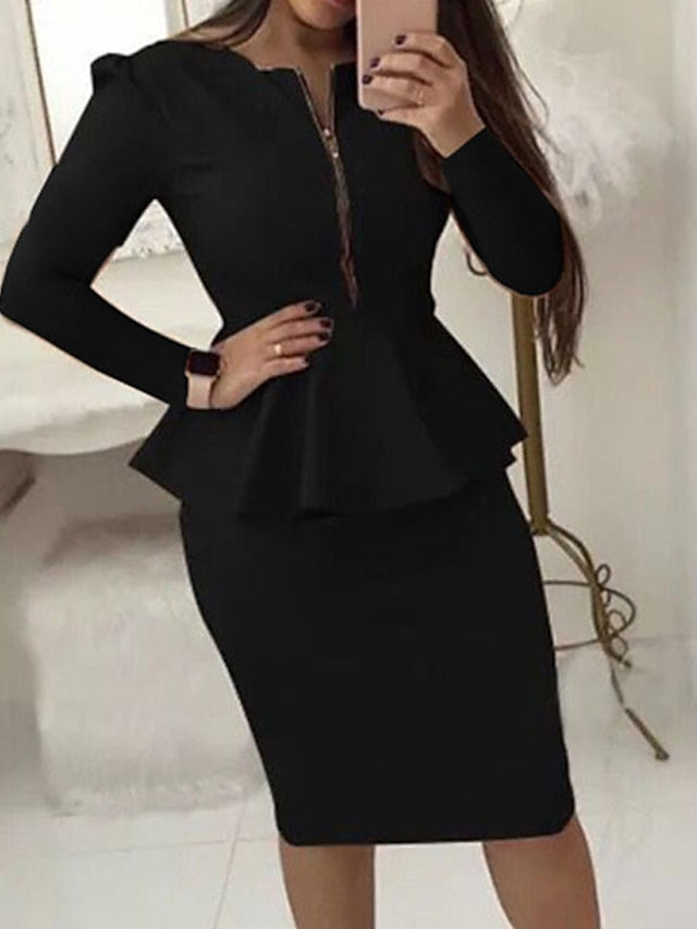 Women's Dress - Bodycon Sheath Dress Church Dress Midi Dress Black Yellow Red Long Sleeve Pure Color Ruffle Winter Fall Autumn Crew Neck Work Winter Dress Weekend Fall Dress 2023 S M L XL XXL