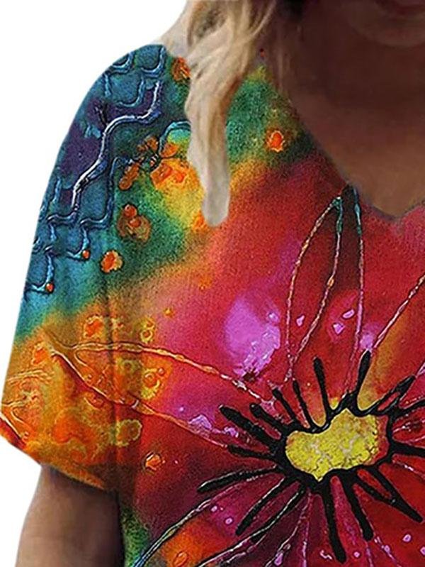T-shirts - Printed V Neck Short Sleeve T-shirts - MsDressly