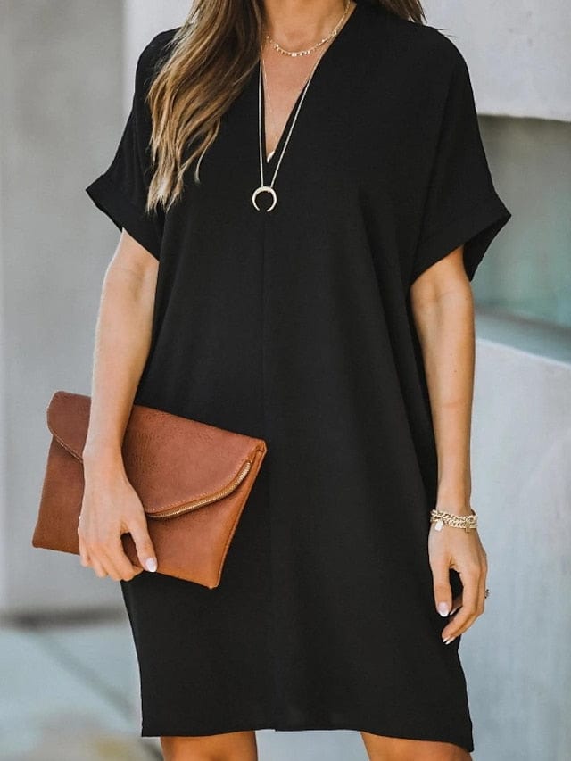 Women's Dress - Casual Dress Midi Dress Black White Yellow Short Sleeve Pure Color Summer Spring V Neck Hot  S M L XL XXL