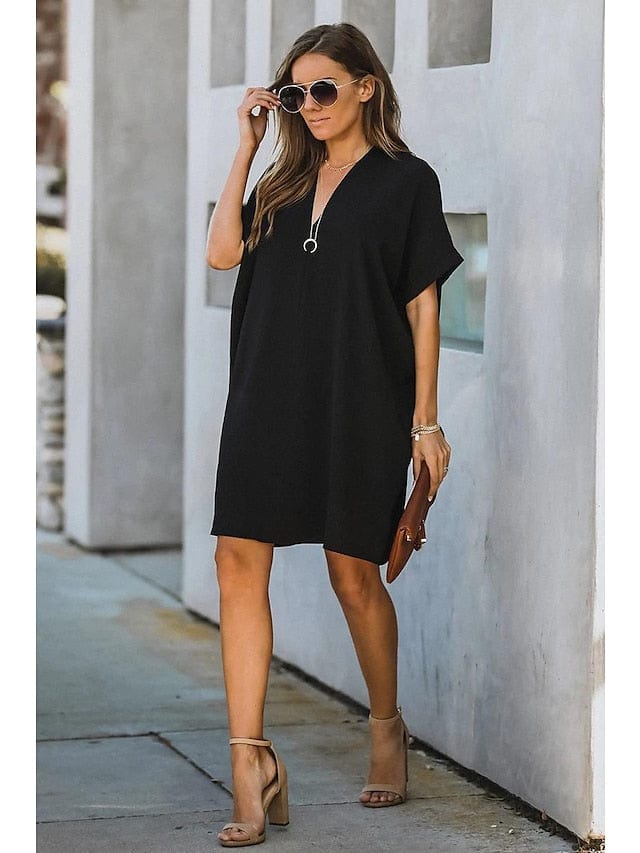 Women's Dress - Casual Dress Midi Dress Black White Yellow Short Sleeve Pure Color Summer Spring V Neck Hot  S M L XL XXL