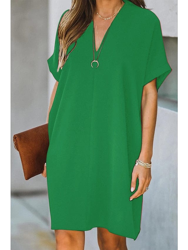 Women's Dress - Casual Dress Midi Dress Black White Yellow Short Sleeve Pure Color Summer Spring V Neck Hot  S M L XL XXL