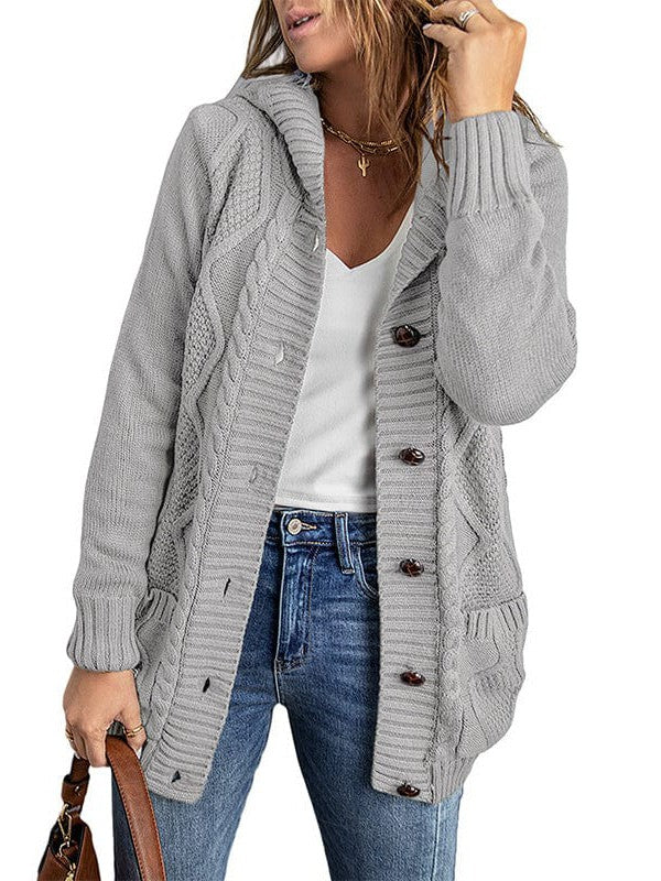 Women's Elegant Hooded Cardigan Jacket in Solid Colors with Twist Design - Long Sleeve Fashion Apparel for Trendy Street Style