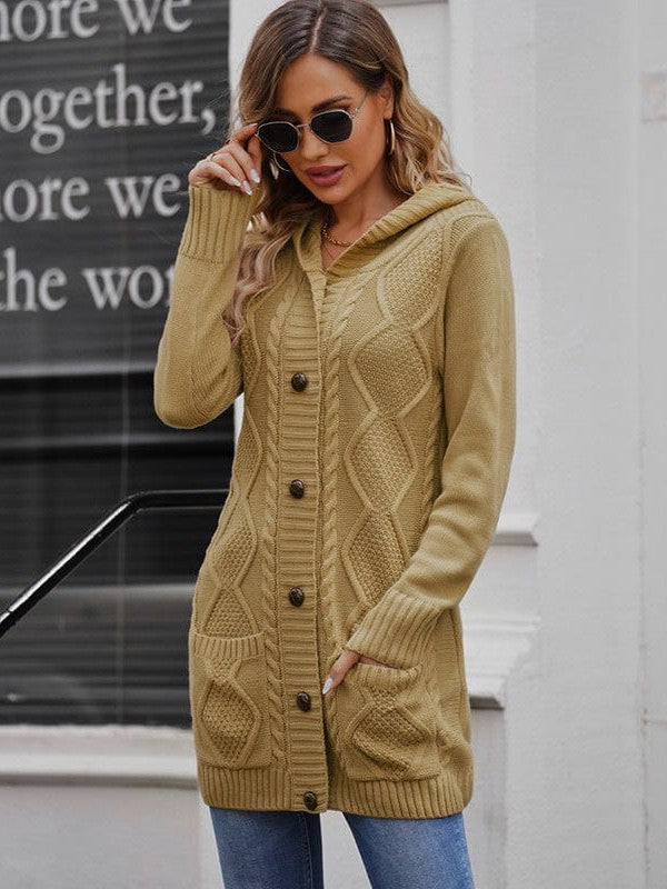 Women's Elegant Hooded Cardigan Jacket in Solid Colors with Twist Design - Long Sleeve Fashion Apparel for Trendy Street Style