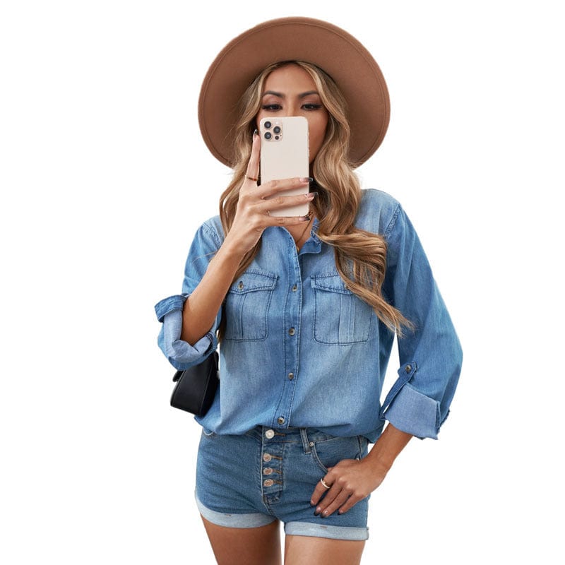 Women's Loose Fit Long-Sleeve Denim Shirt with Frayed Edge