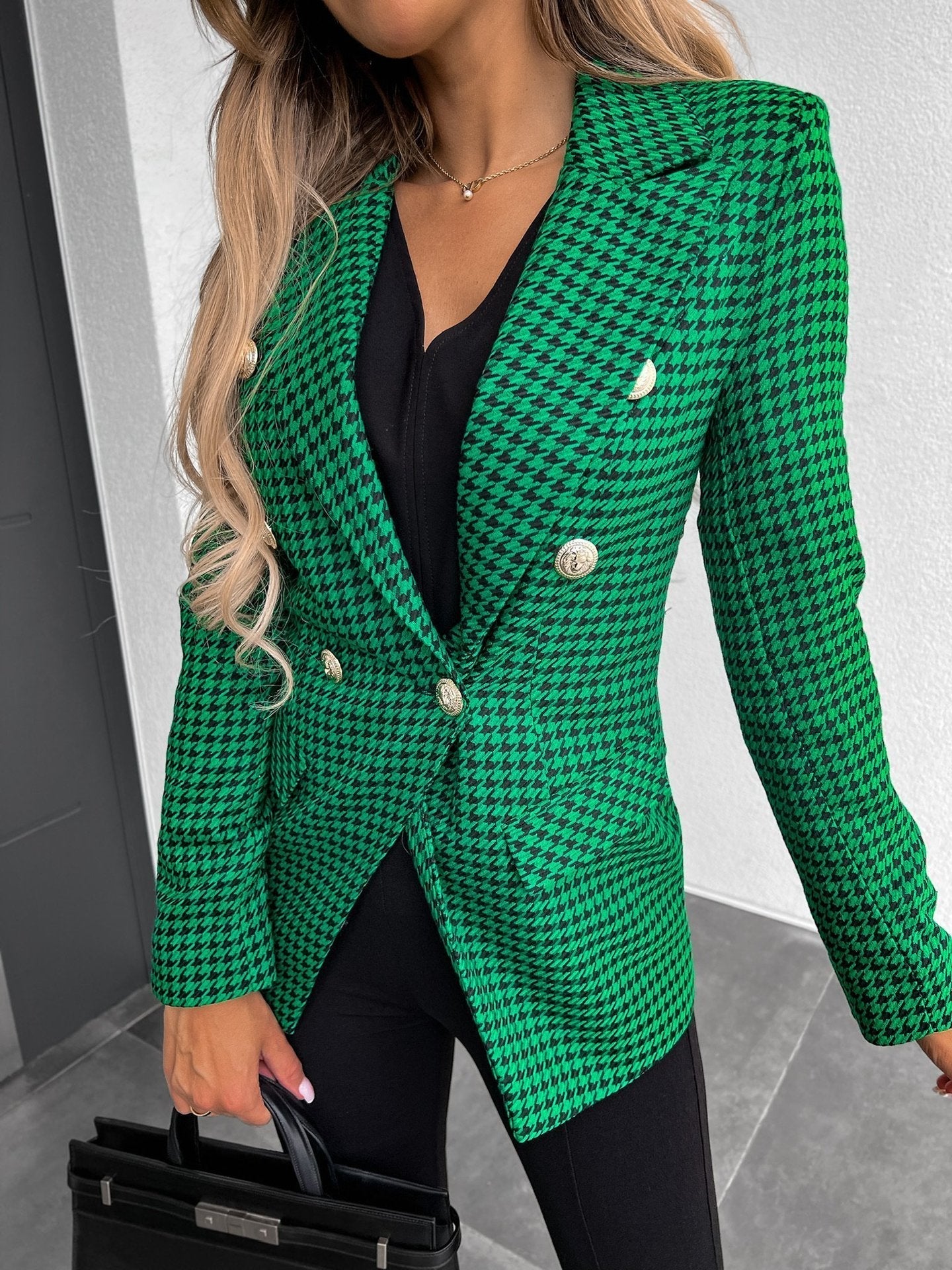 Blazers - Houndstooth Lapel Double Breasted Long Sleeve Blazers - MsDressly