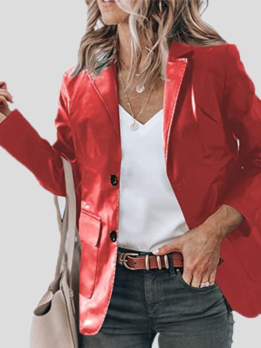 Blazers - Lapel PU Leather Long Sleeve Blazers - MsDressly