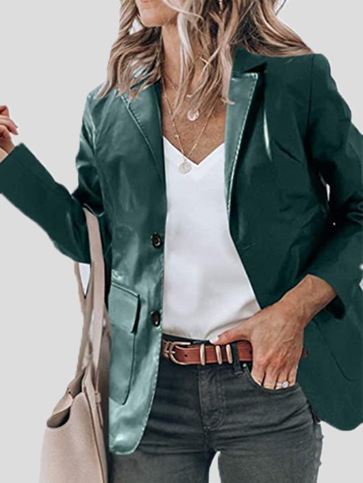 Blazers - Lapel PU Leather Long Sleeve Blazers - MsDressly