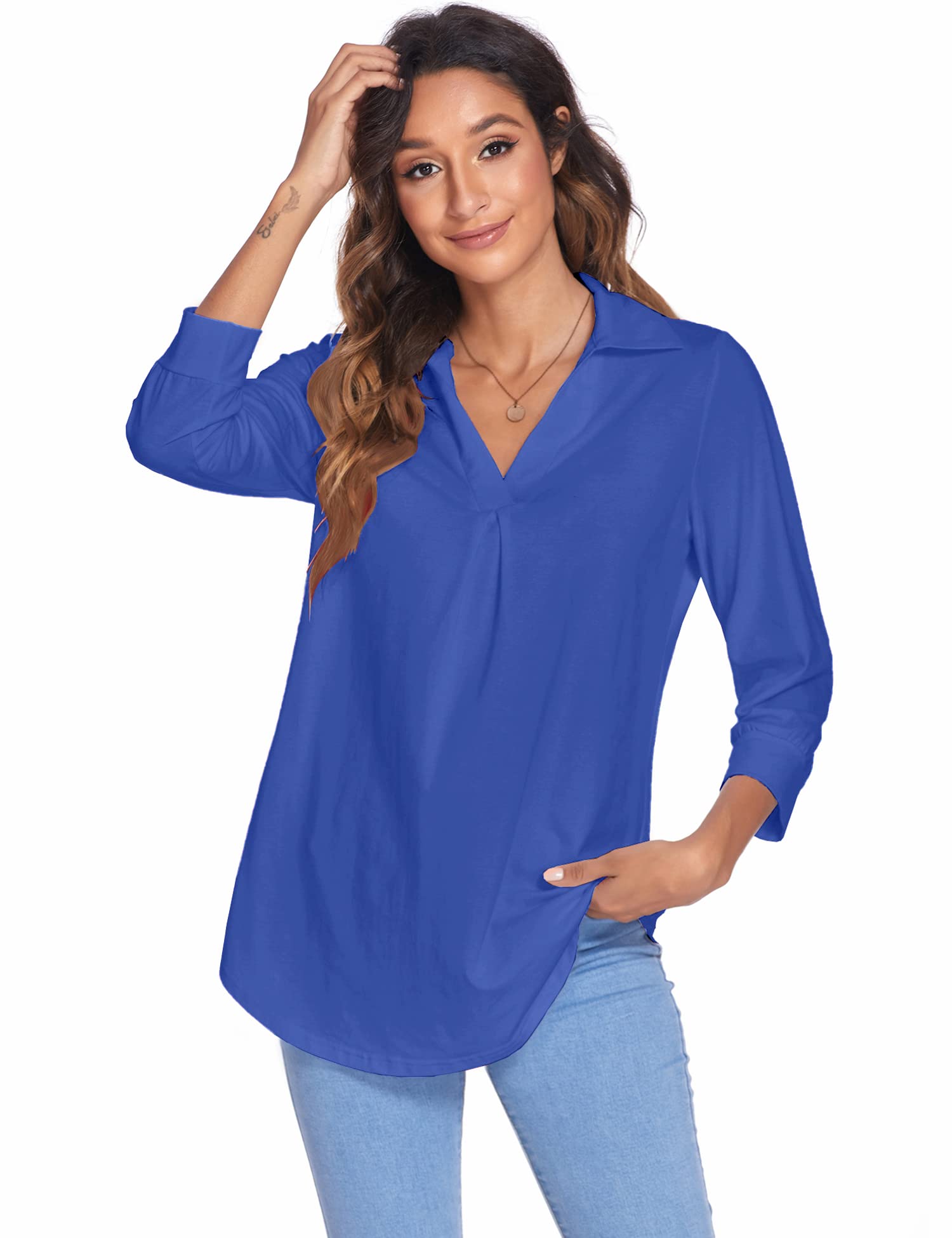 Blouses - Collared V Neck Casual Loose Blouse - MsDressly