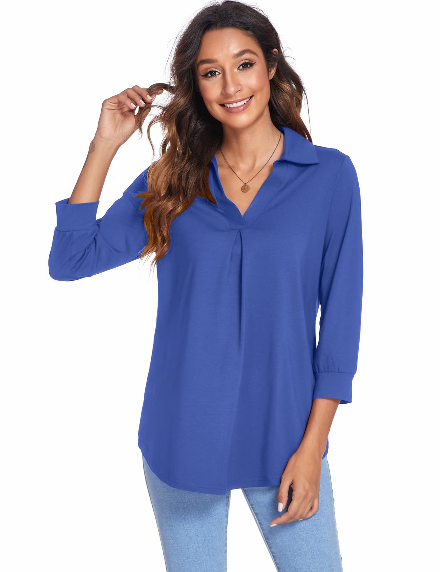 Blouses - Collared V Neck Casual Loose Blouse - MsDressly