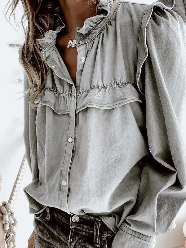 Blouses - Doll Collar Long Sleeve Button Denim Blouse - MsDressly