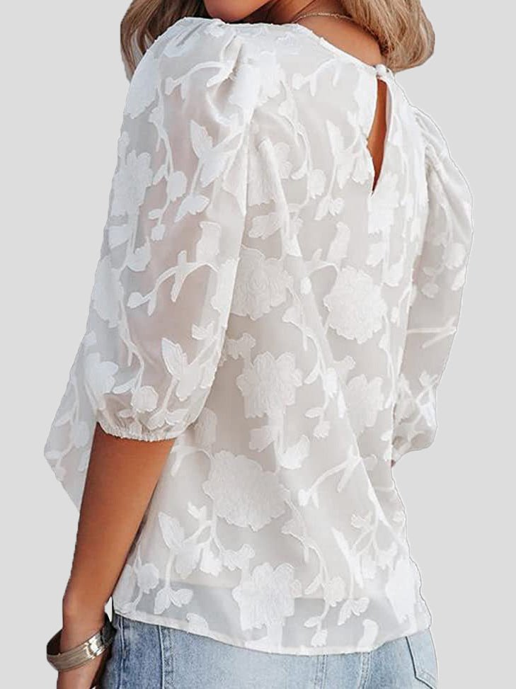 Blouses - Floral Print Puff Half Sleeves Blouse - MsDressly