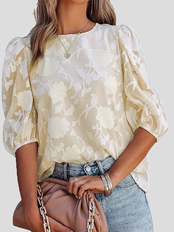 Blouses - Floral Print Puff Half Sleeves Blouse - MsDressly