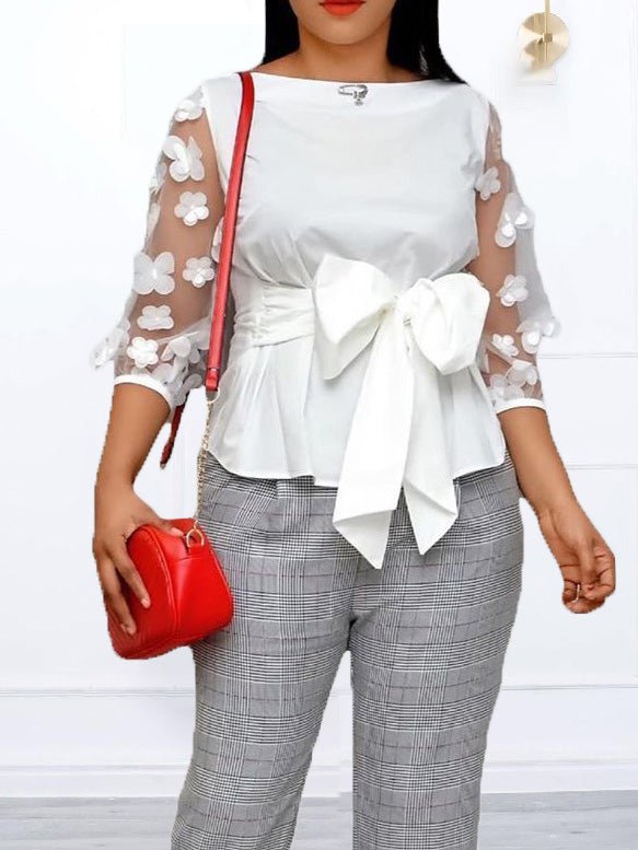 Blouses - Jacquard Mesh Panel Tie Bow Blouse - MsDressly