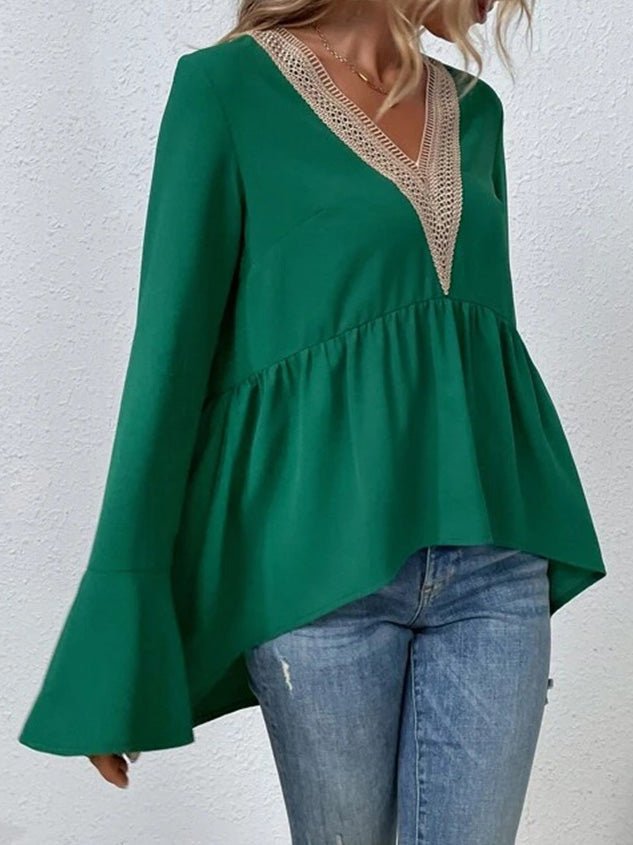 Blouses - Lace Panel Flare Sleeve Blouse - MsDressly