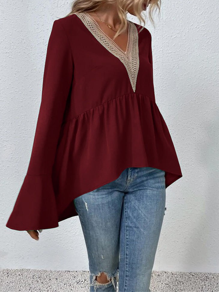 Blouses - Lace Panel Flare Sleeve Blouse - MsDressly