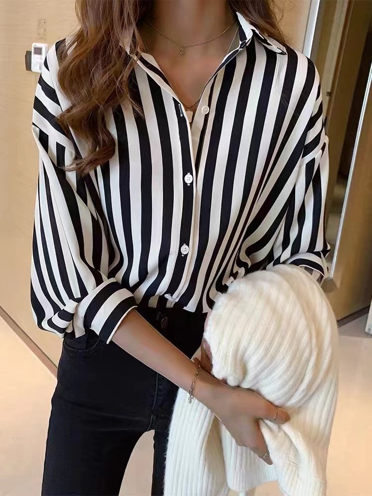 Blouses - Long Sleeve Collar Button Stripe Blouse - MsDressly