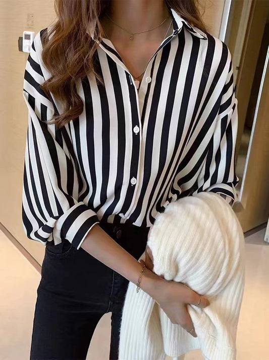 Long Sleeve Collar Button Stripe Blouse -Shirt