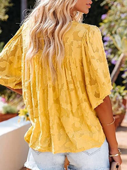 Blouses - Loose Hollow Floral Short Sleeve Blouse - MsDressly