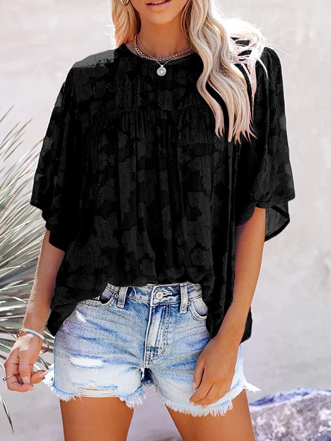Loose Hollow Floral Short Sleeve Blouse