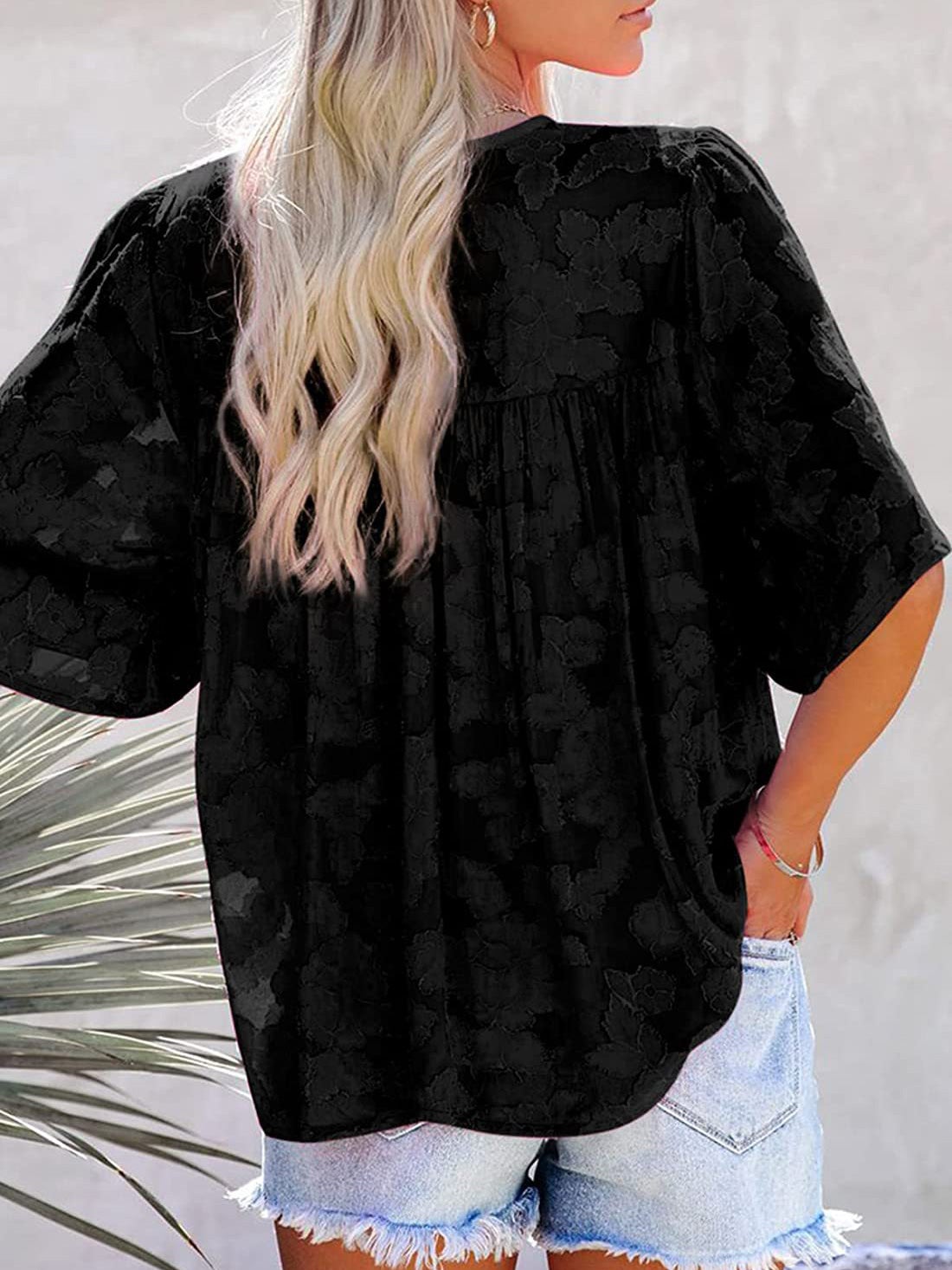 Blouses - Loose Hollow Floral Short Sleeve Blouse - MsDressly