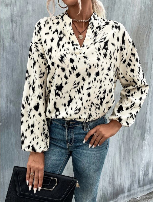 Blouses - Loose V-Neck Printed Long Sleeve Blouse - MsDressly