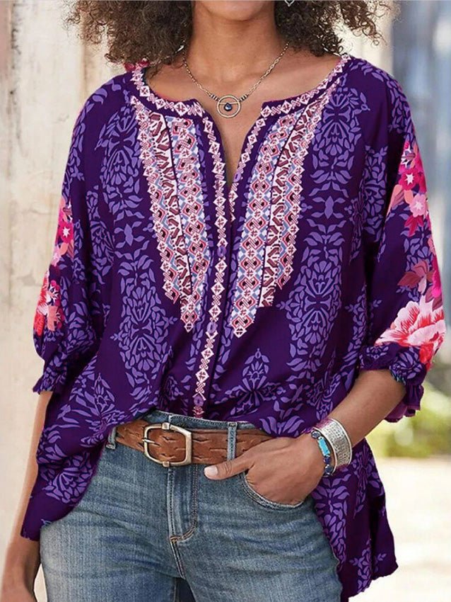 Loose Vintage Print Long Sleeve Blouses
