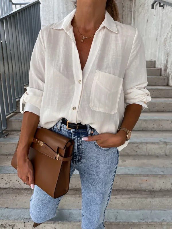 Blouses - Simple Solid Lapel Button Long Sleeve Blouses - MsDressly
