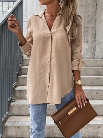 Blouses - Simple Solid Lapel Button Long Sleeve Blouses - MsDressly