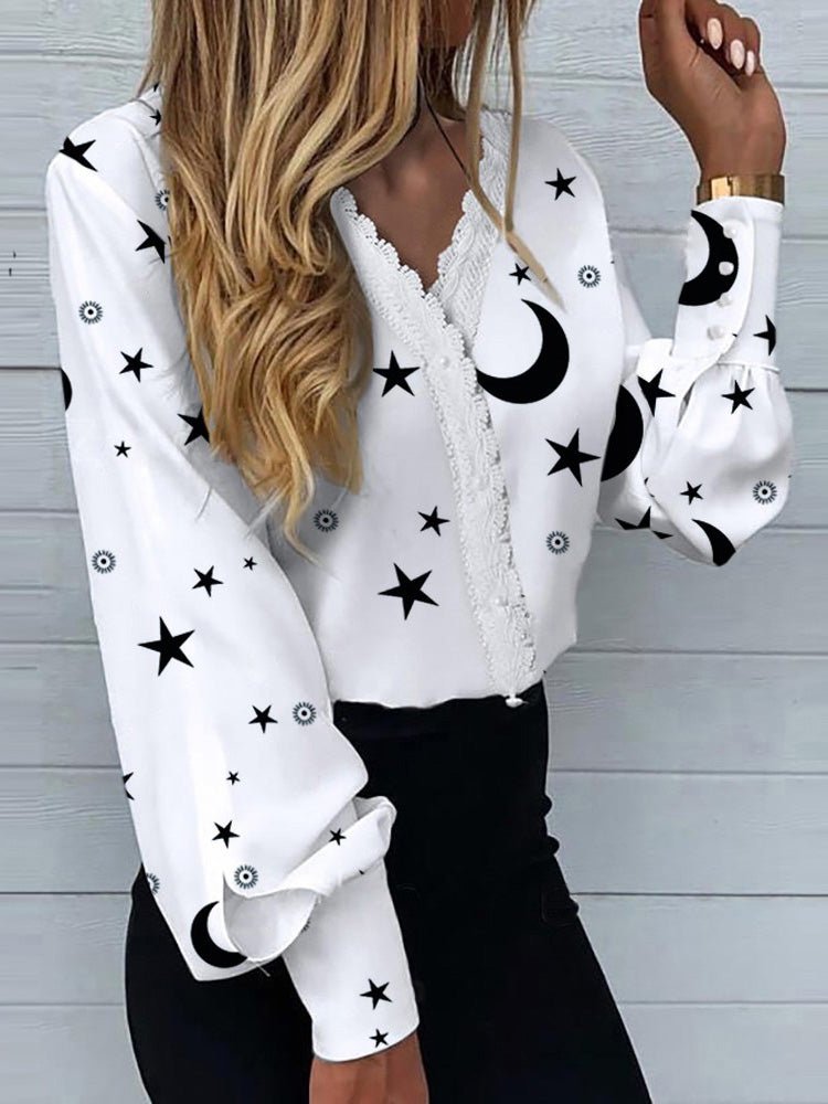 Blouses - Star Moon Print Lace Long Sleeve Blouse - MsDressly