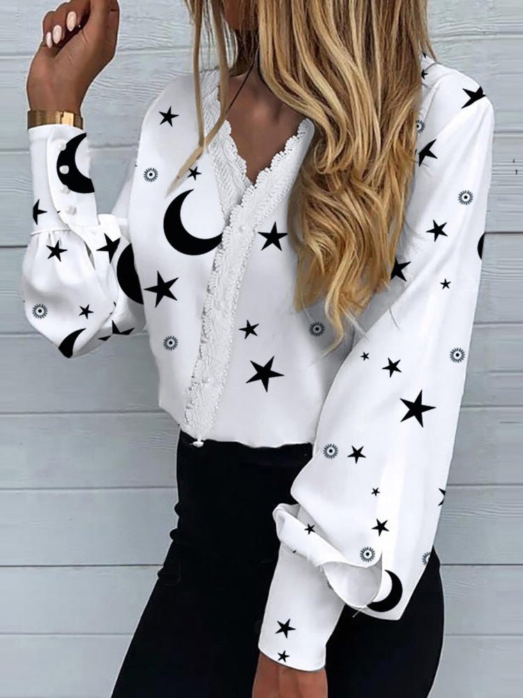 Blouses - Star Moon Print Lace Long Sleeve Blouse - MsDressly
